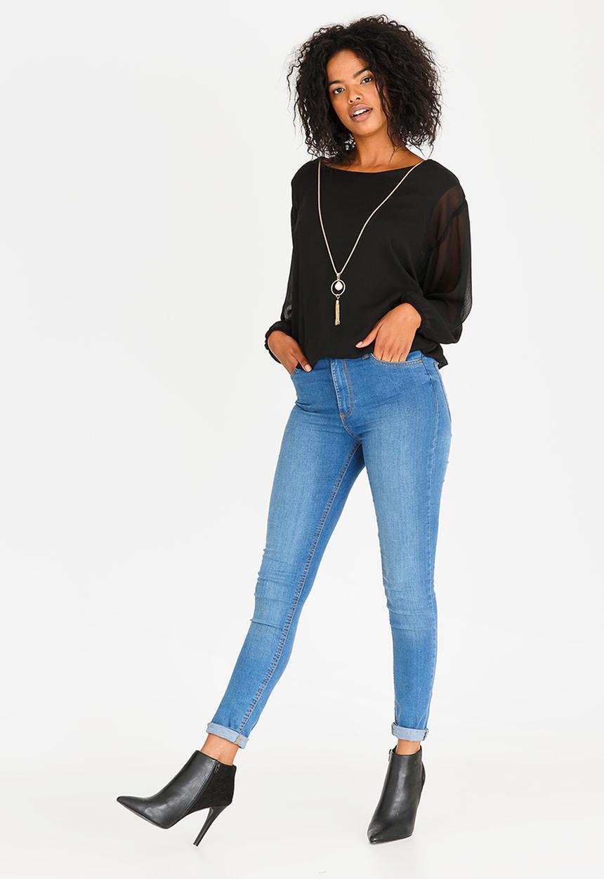 edit - Long Sleeve Lined Blouse with Detachable Chain Black