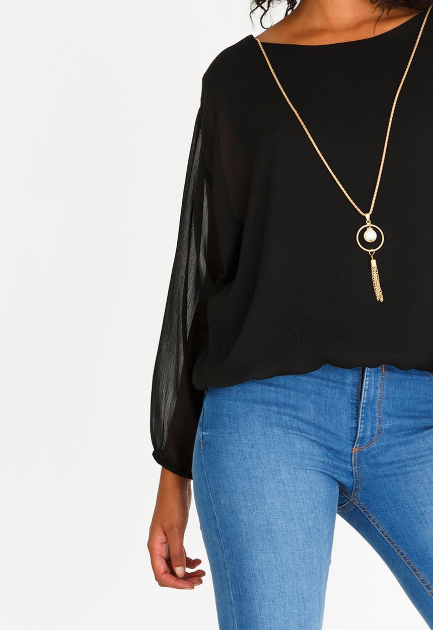 edit - Long Sleeve Lined Blouse with Detachable Chain Black