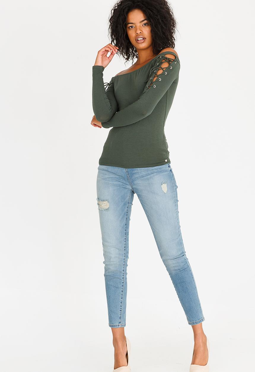 GUESS - Guess Katrina Off Shoulder Top Dark Green