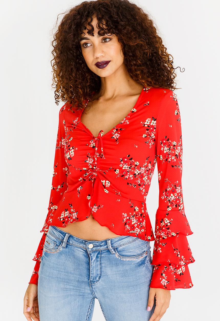 SISSY BOY - Velvet Blouse With Frill Sleeves Red