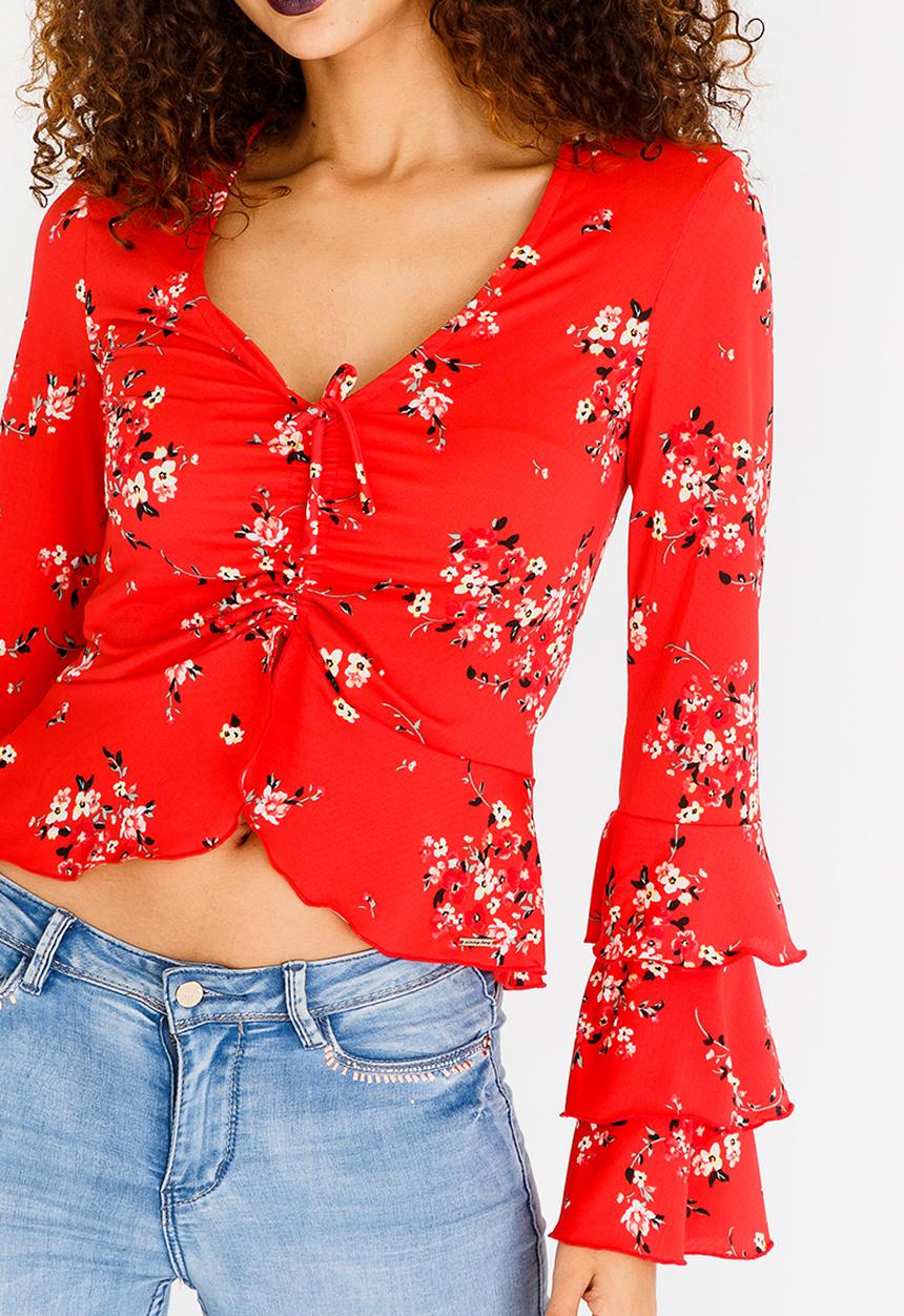 SISSY BOY - Velvet Blouse With Frill Sleeves Red