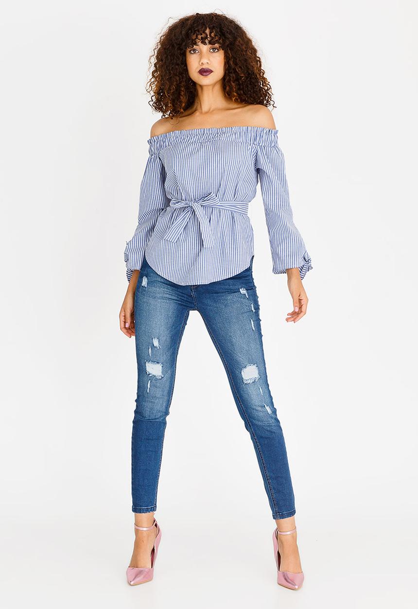 SISSY BOY - Career Wear Stripe Bardot Top Blue and White