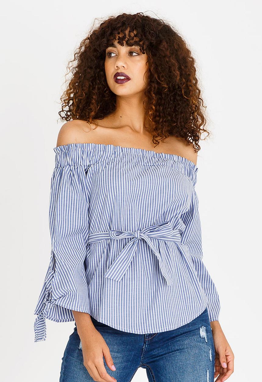 SISSY BOY - Career Wear Stripe Bardot Top Blue and White
