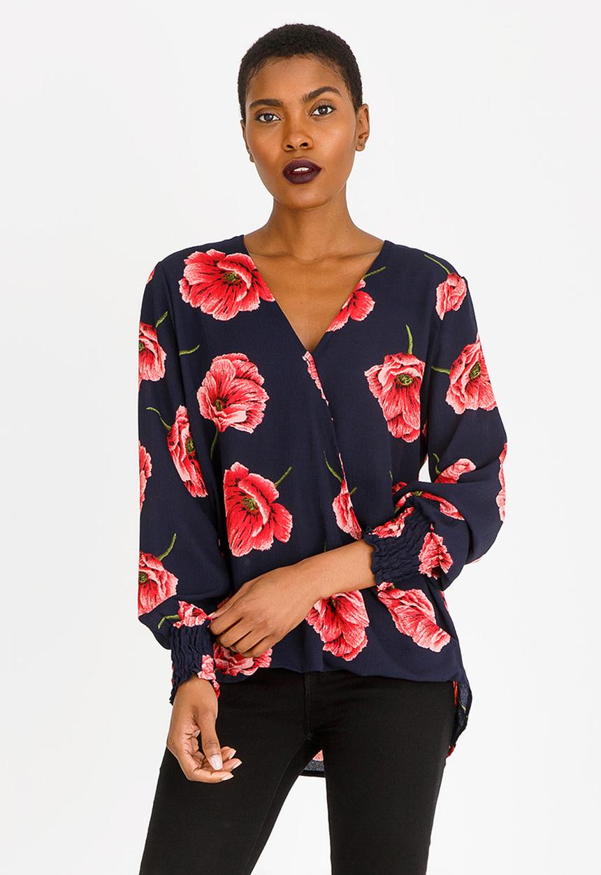 Revenge - Floral Wrap Detail Top Navy