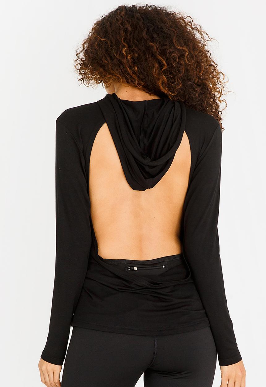 Lithe - Open Back Hooded Top Black