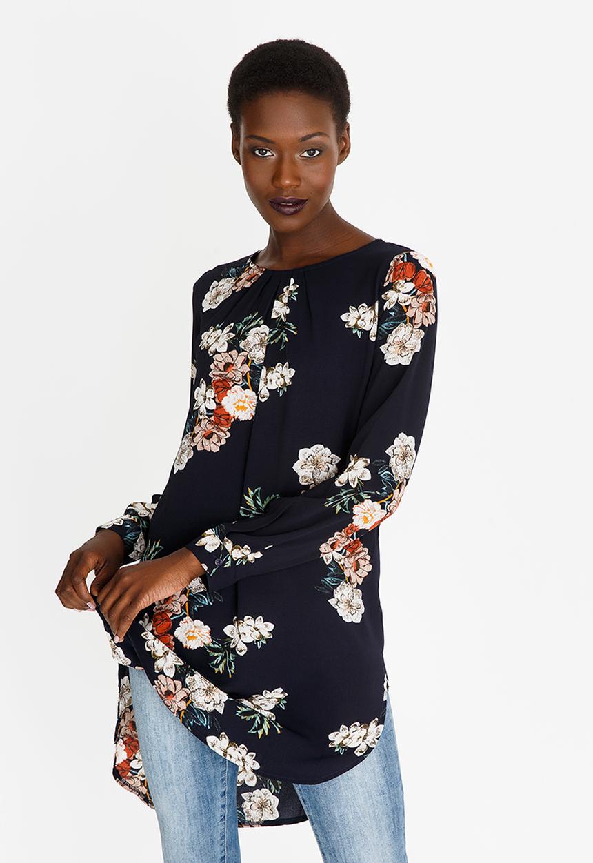 Revenge - Floral Long Sleeve Tunic Navy