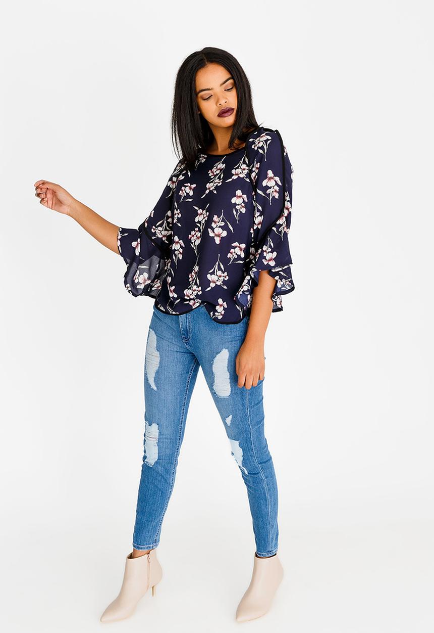 Revenge - Ruffle Sleeve Blouse Navy