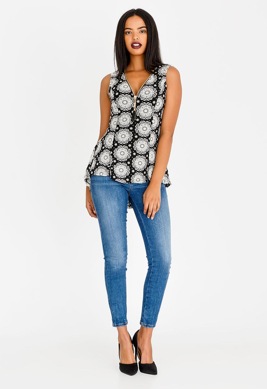 Revenge - Tribal Print Zip Front Top Black and White