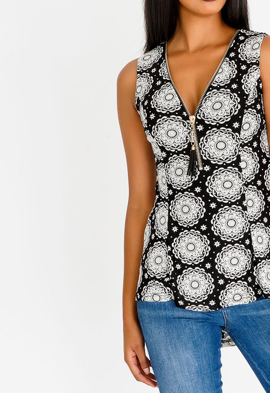 Revenge - Tribal Print Zip Front Top Black and White