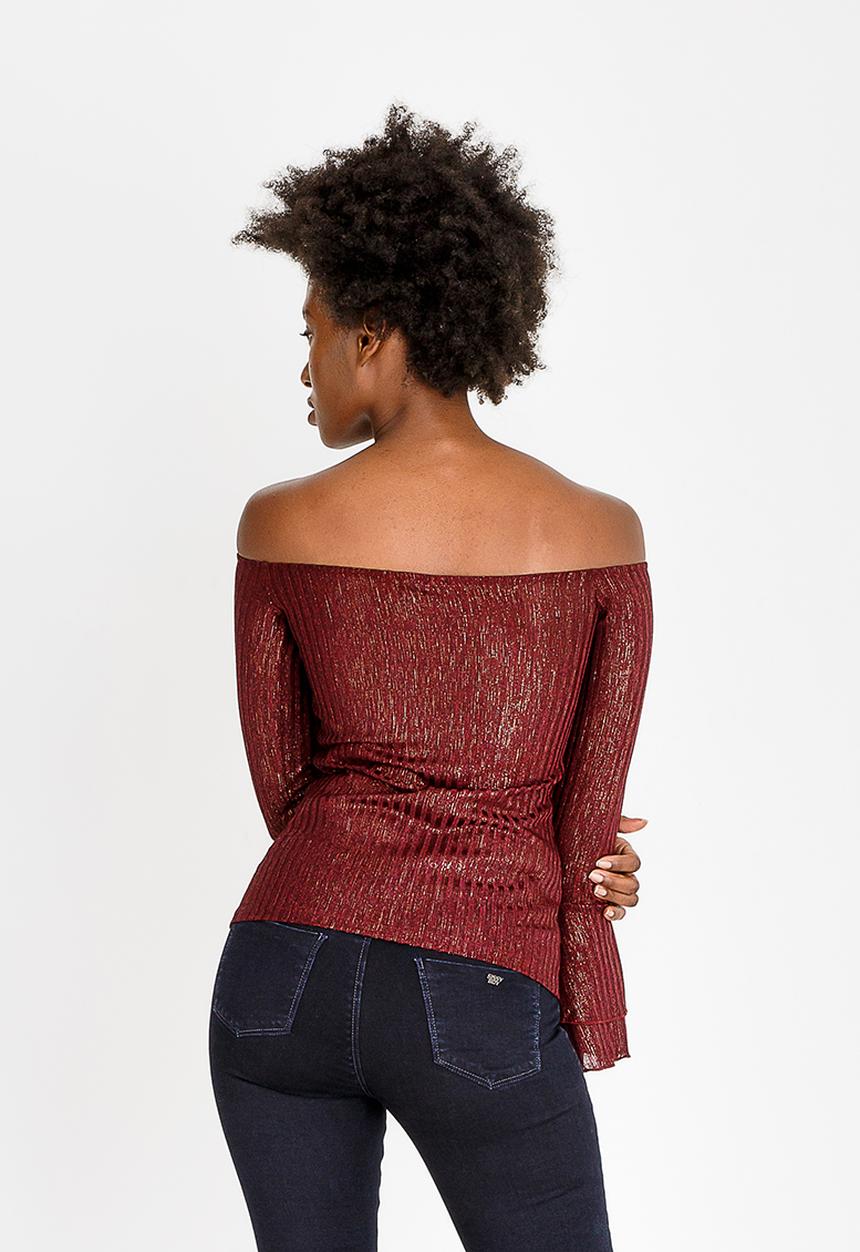 SISSY BOY - Ribbed Off Shoulder Top Burgundy