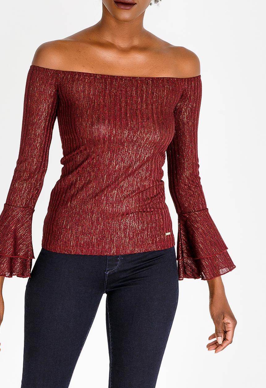 SISSY BOY - Ribbed Off Shoulder Top Burgundy