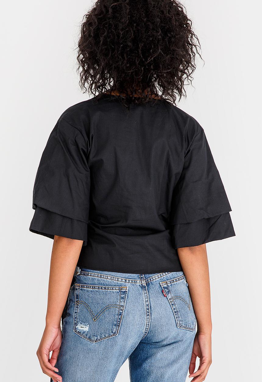 STYLE REPUBLIC - Sleeve Detail Wrap Blouse Black