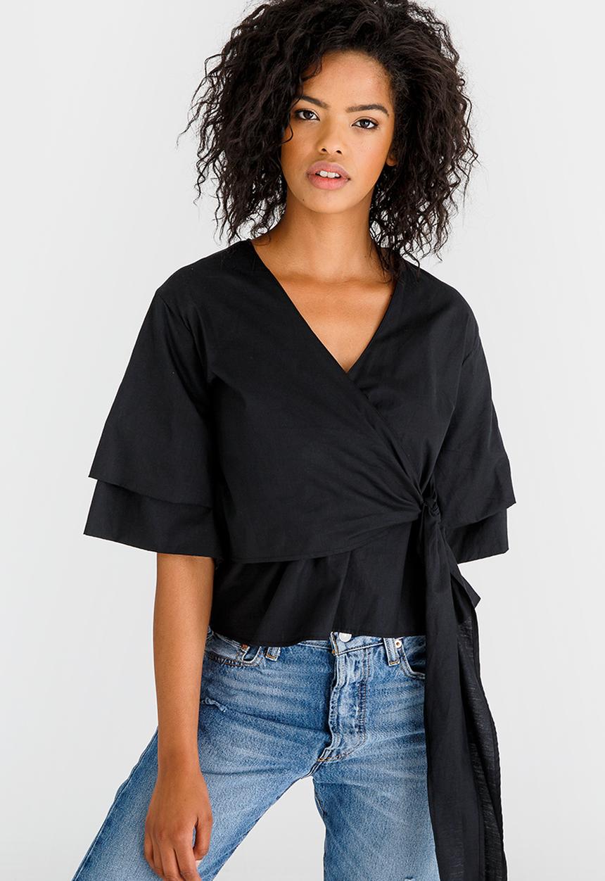 STYLE REPUBLIC - Sleeve Detail Wrap Blouse Black
