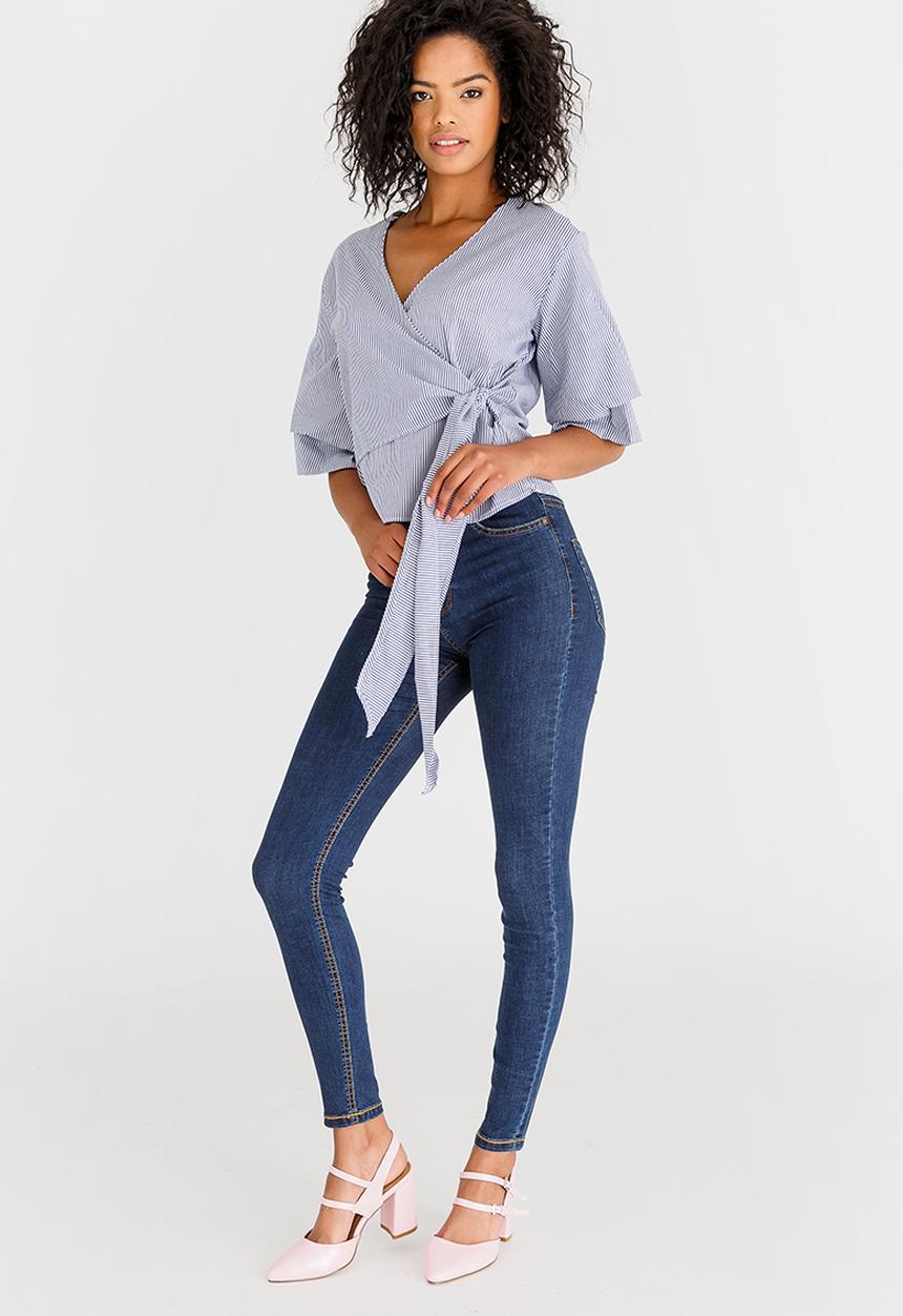 STYLE REPUBLIC - Sleeve Detail Wrap Blouse Blue and White