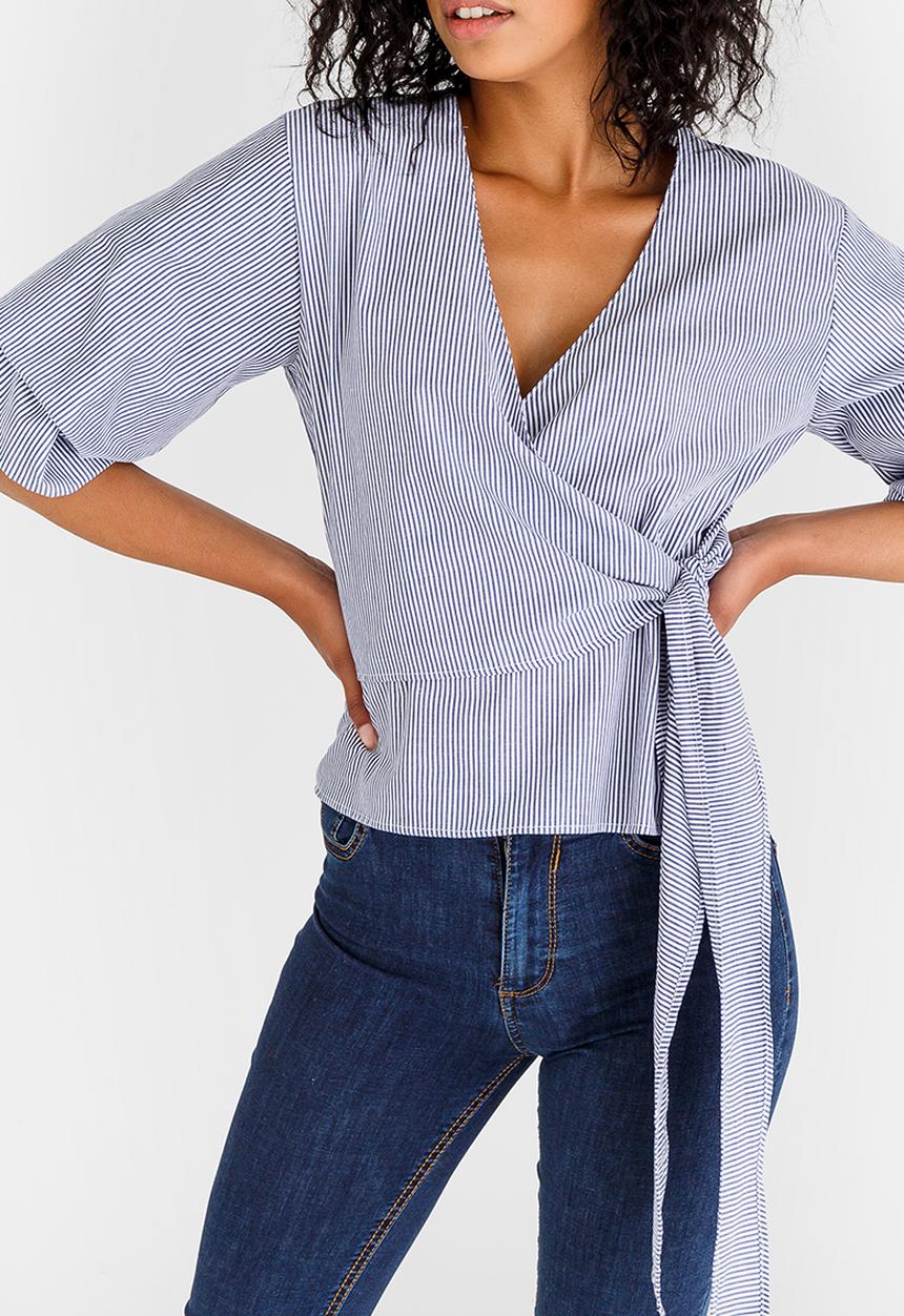 STYLE REPUBLIC - Sleeve Detail Wrap Blouse Blue and White