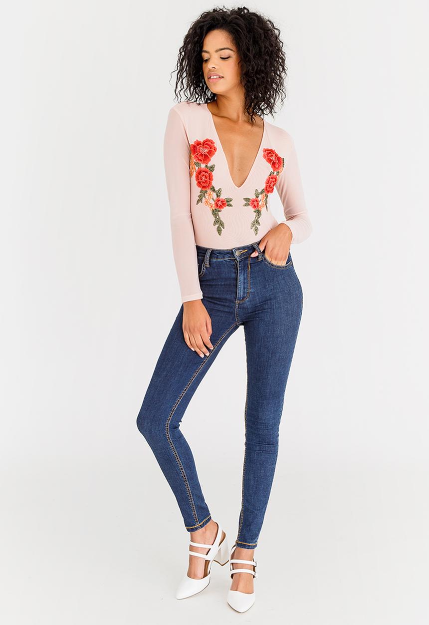 STYLE REPUBLIC - Embroidered Mesh Bodysuit Rose