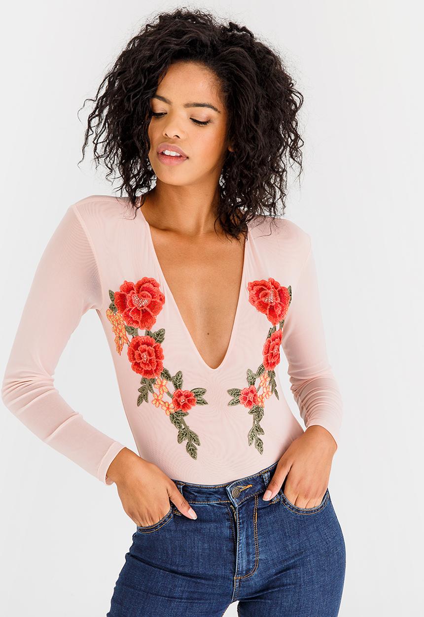 STYLE REPUBLIC - Embroidered Mesh Bodysuit Rose