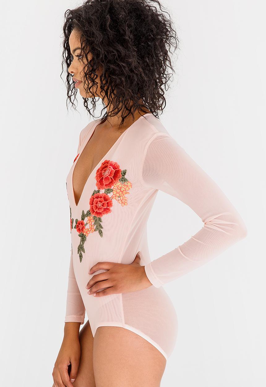 STYLE REPUBLIC - Embroidered Mesh Bodysuit Rose