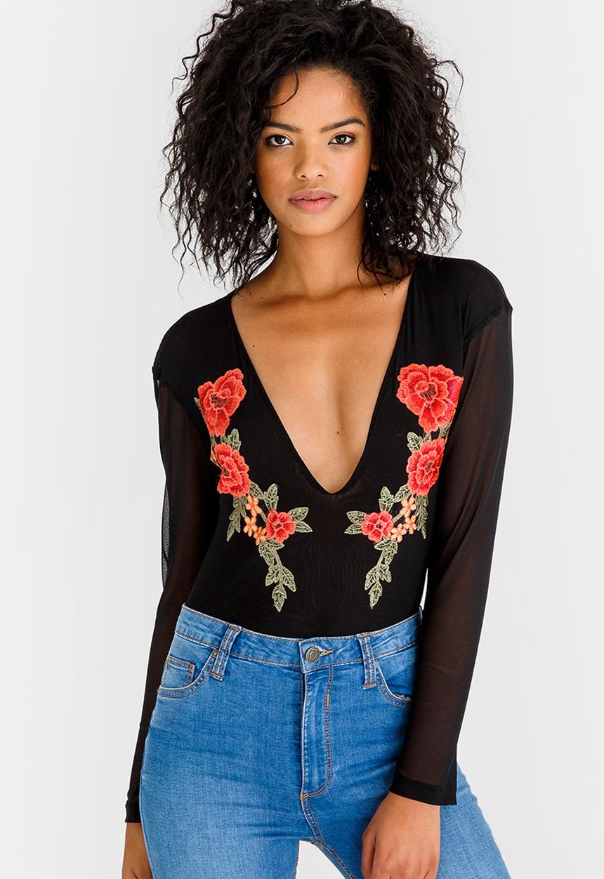 STYLE REPUBLIC - Embroidered Mesh Bodysuit Black