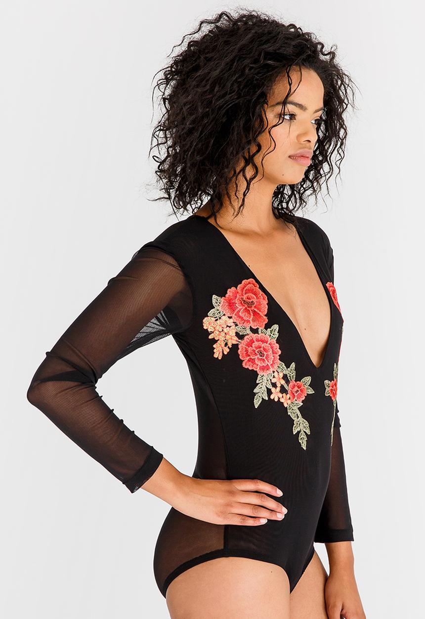 STYLE REPUBLIC - Embroidered Mesh Bodysuit Black