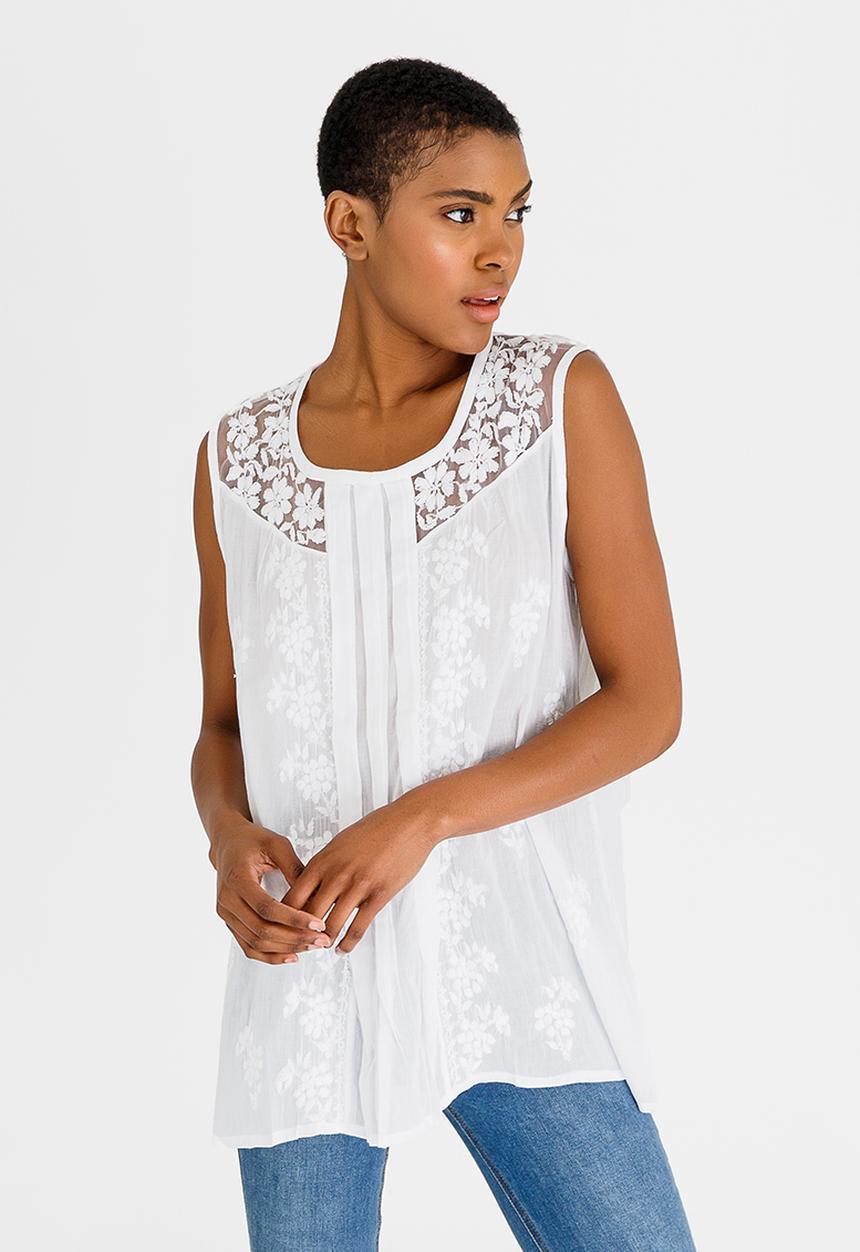G Couture - Embroidered Sleeveless Top with Front Pleats White