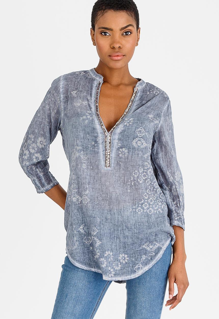 G Couture - Beaded Neckline Tunic Blue