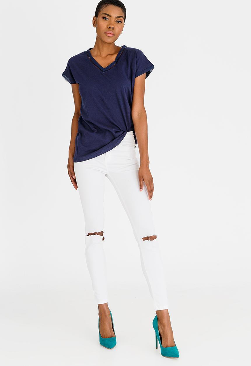 G Couture - Chiffon Crochet Neckline Top Navy
