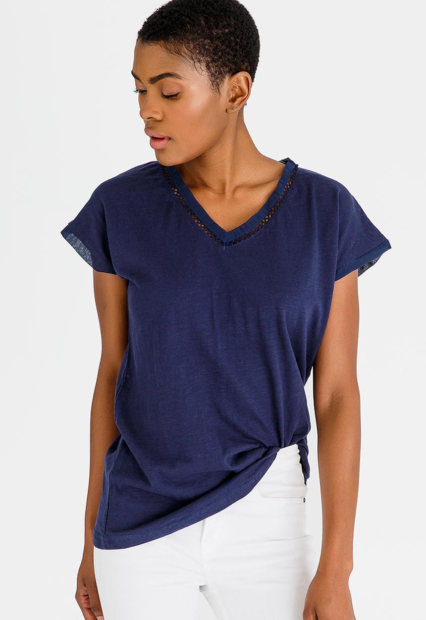 G Couture - Chiffon Crochet Neckline Top Navy