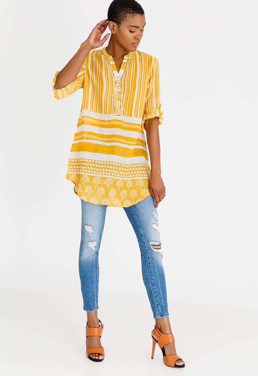 G Couture - Stripe  Beaded Printed Shirt Yellow