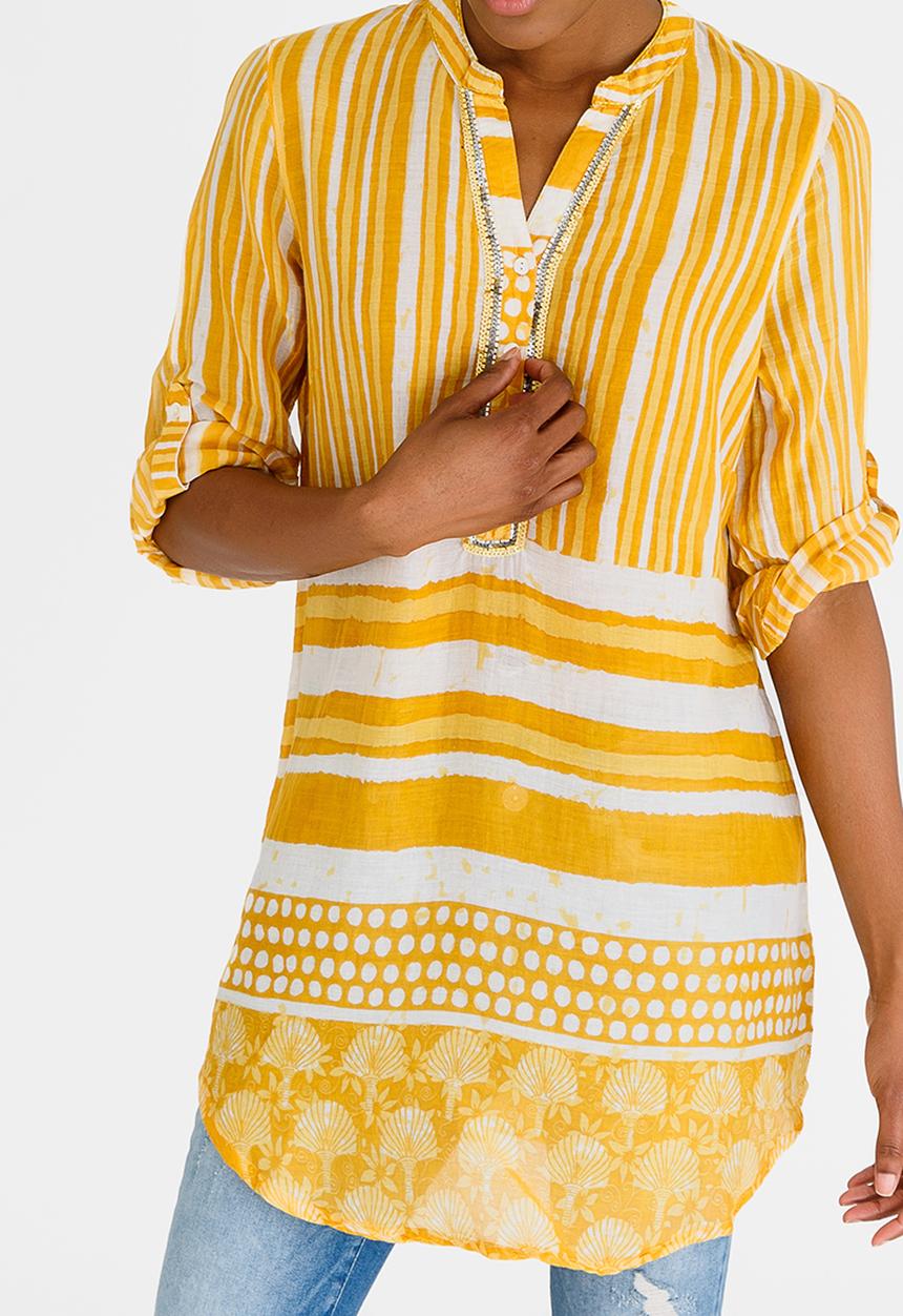 G Couture - Stripe  Beaded Printed Shirt Yellow