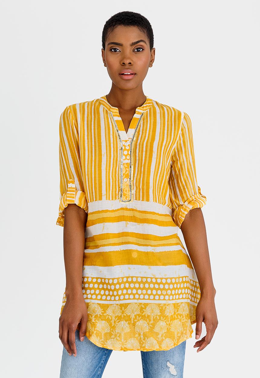 G Couture - Stripe  Beaded Printed Shirt Yellow