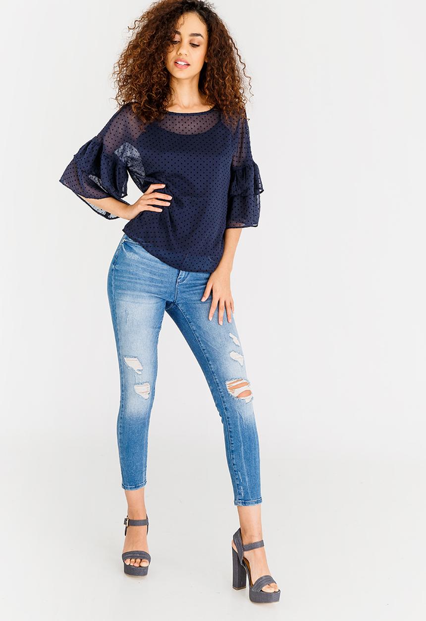 Vero Moda - Flocks 3/4 Frill Top Navy