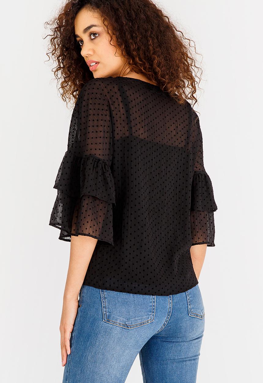 Vero Moda - Flocks 3/4 Frill Top Black