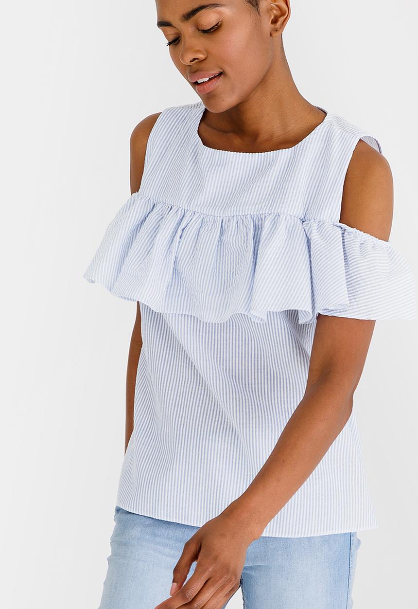 edit - Frilly blouse with Cold Shoulder Blue and White