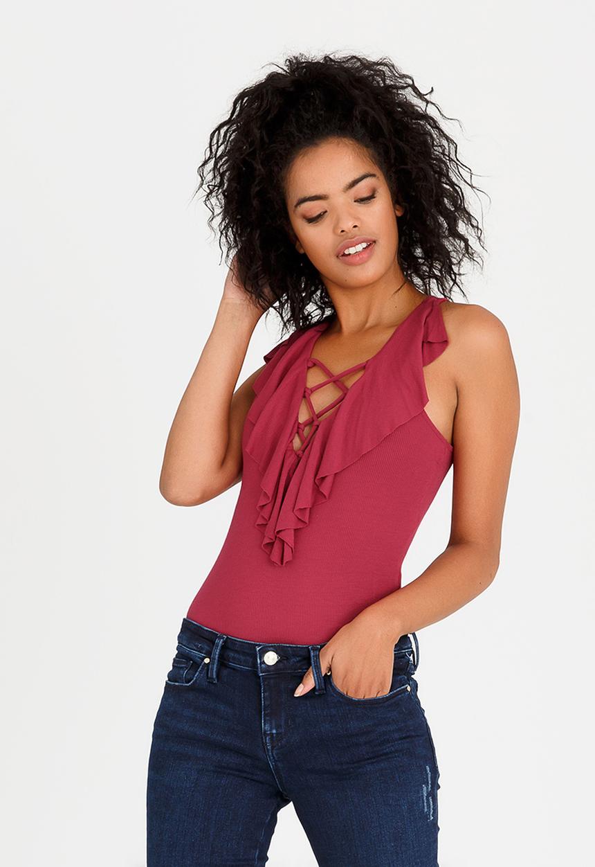 GUESS - Ruffle Detail Bodysuit Red