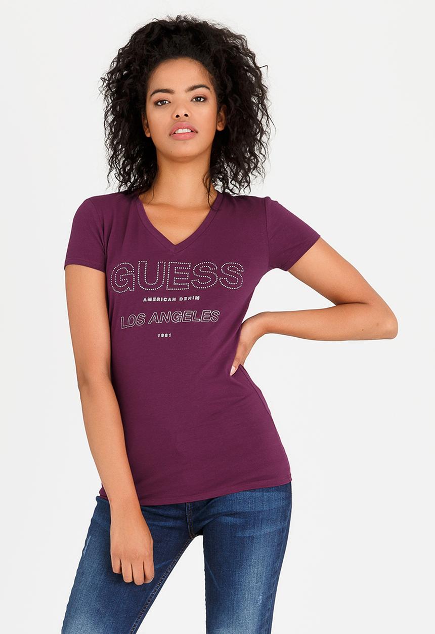 GUESS - V-neck Logo Tee Burgundy