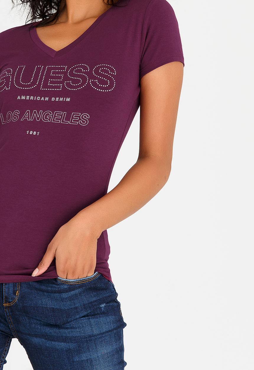 GUESS - V-neck Logo Tee Burgundy