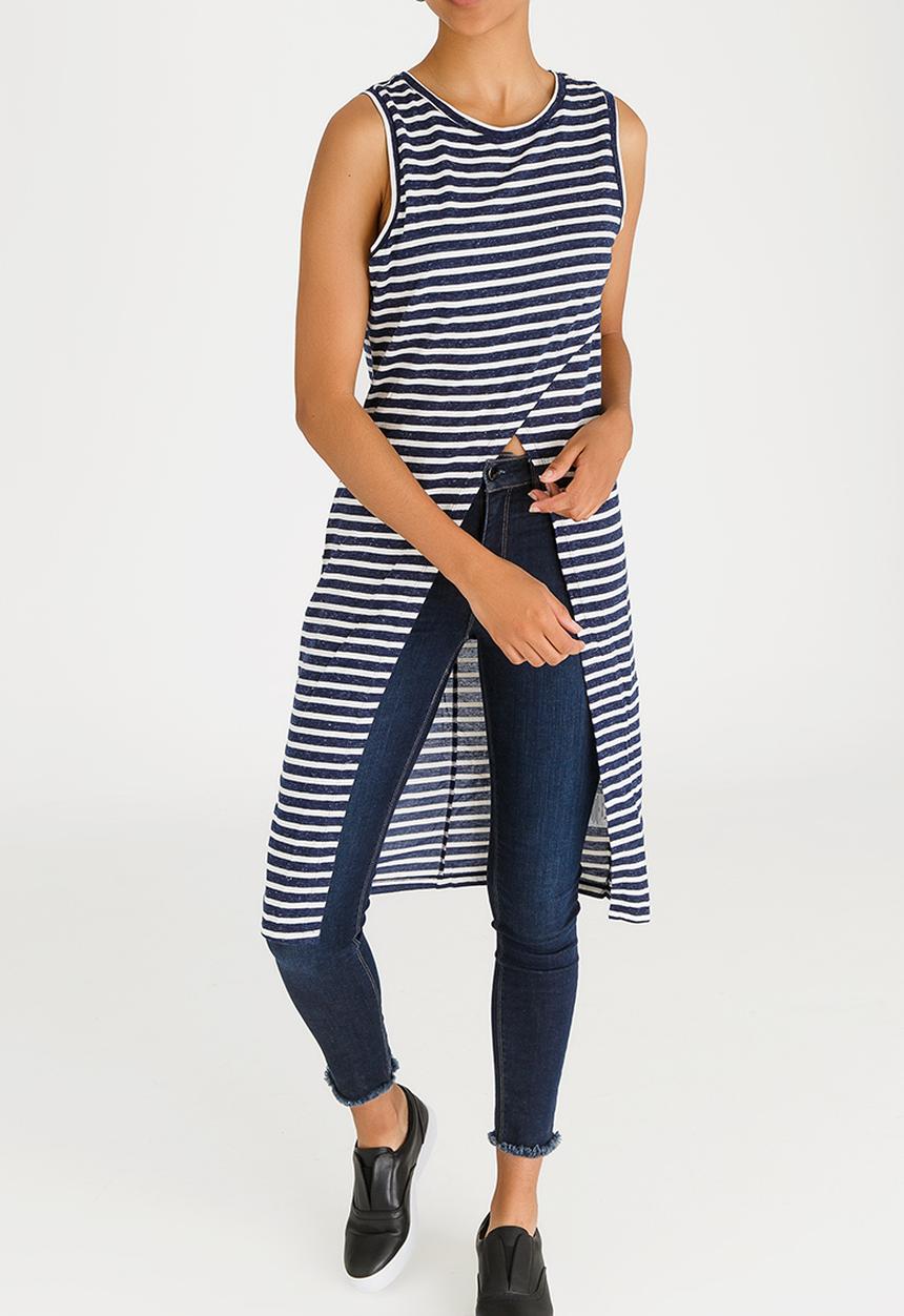 Brave Soul - Stripe Longline Vest Navy & White