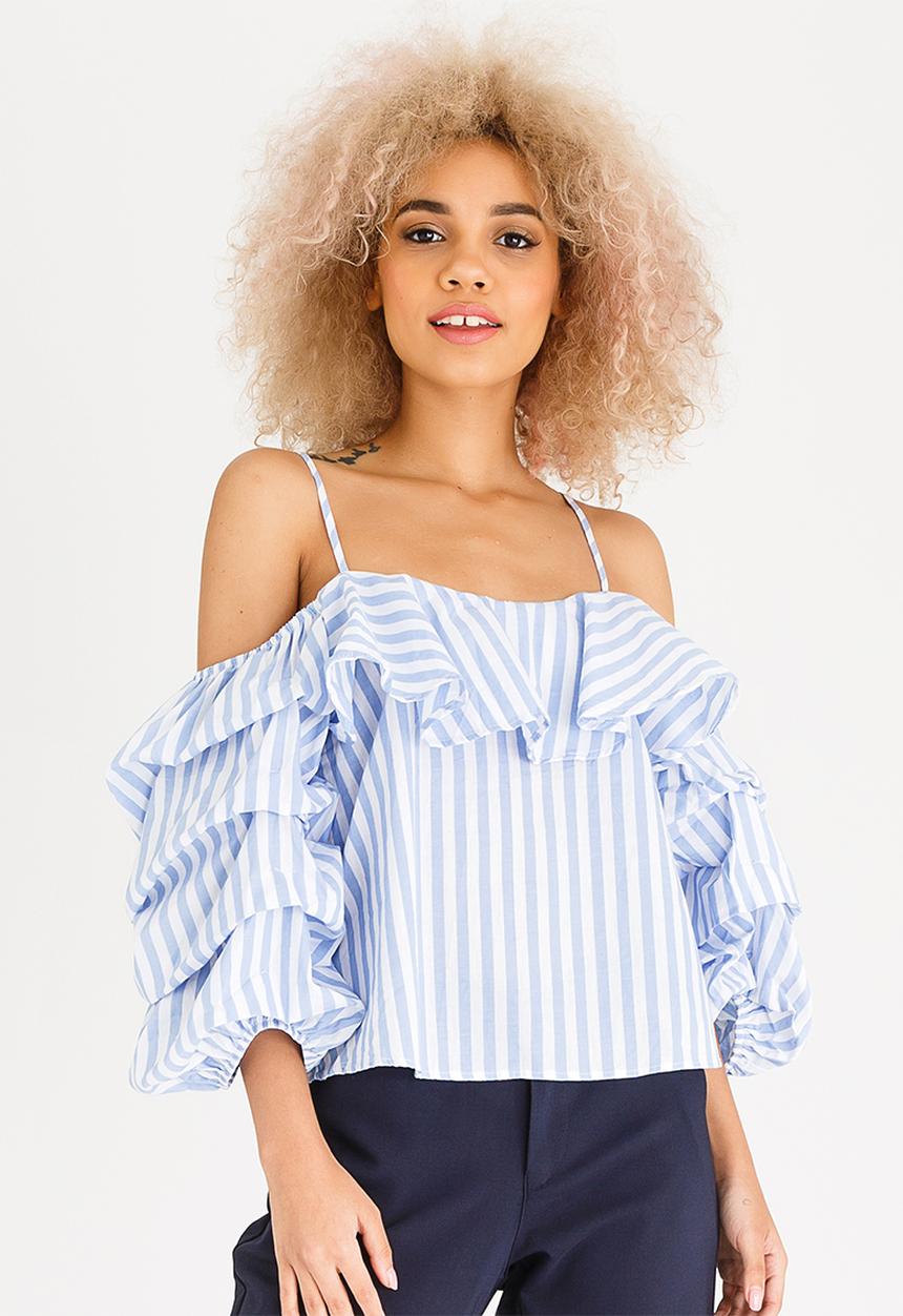STYLE REPUBLIC - Bardot Volume Sleeve Blouse Blue and White