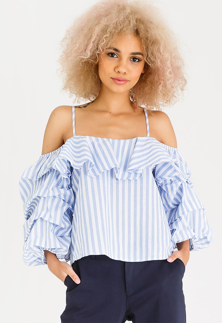 STYLE REPUBLIC - Bardot Volume Sleeve Blouse Blue and White