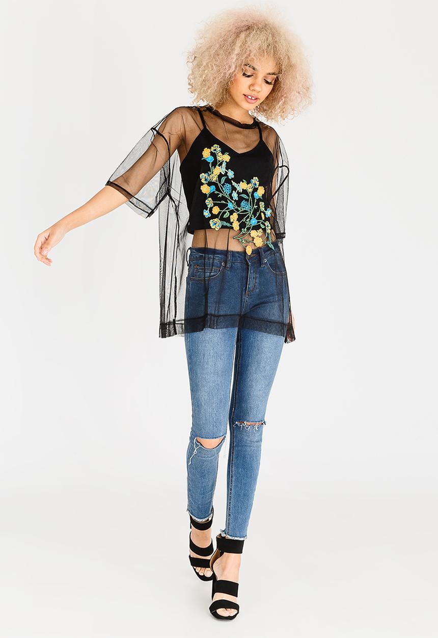 STYLE REPUBLIC - Mesh Embroidered Top Black