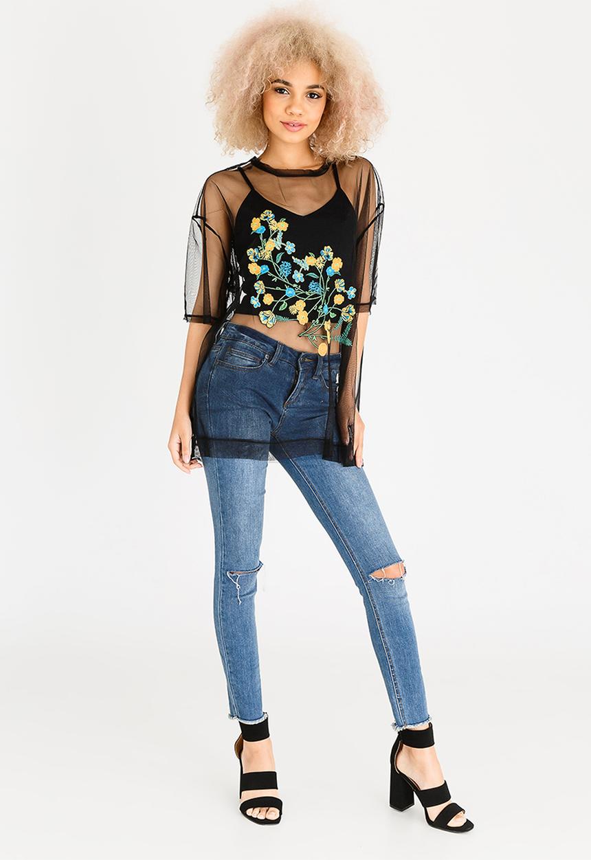 STYLE REPUBLIC - Mesh Embroidered Top Black
