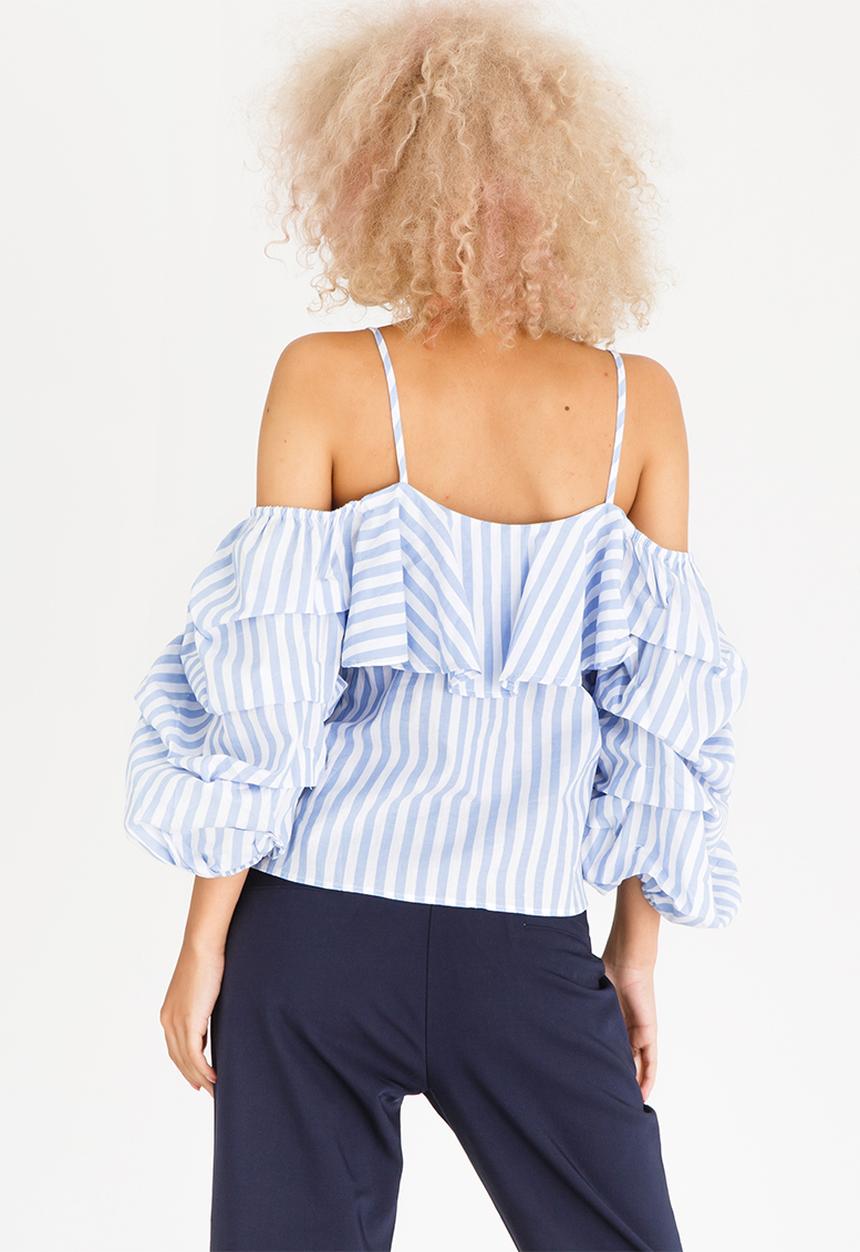 STYLE REPUBLIC - Bardot Volume Sleeve Blouse Blue and White