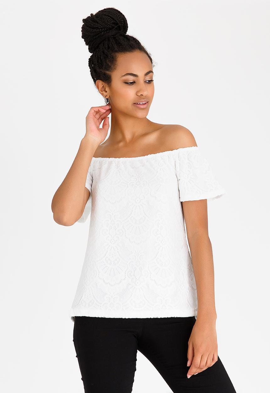 edit - Short Sleeve Off the Shoulder Lace Top White
