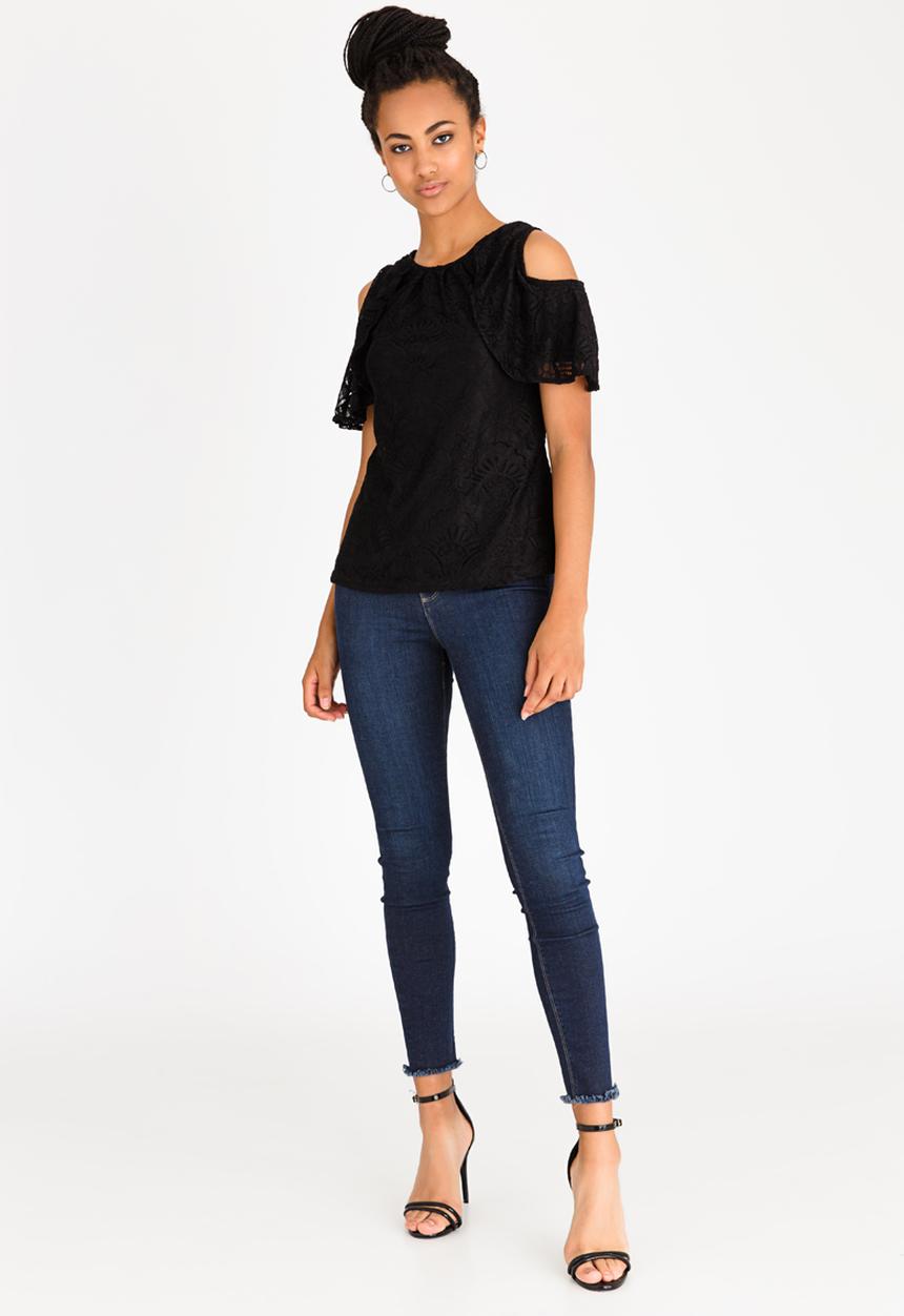 edit - Frilly Cold-shoulder T-shirt Black