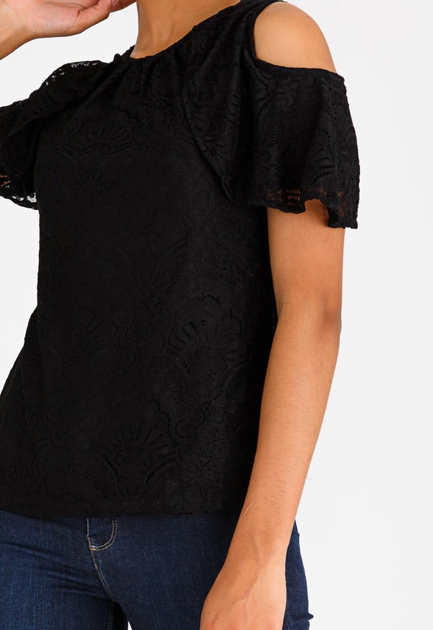 edit - Frilly Cold-shoulder T-shirt Black