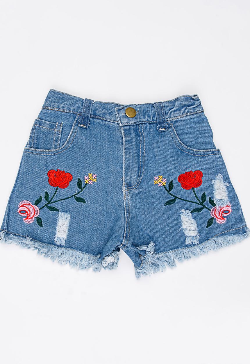 Pop Candy - Rose Embroidered Shorts Blue