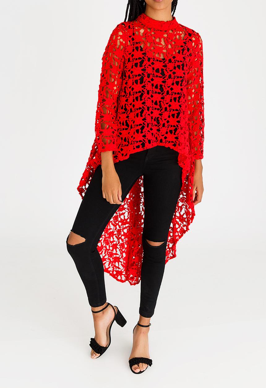 Revenge - Lace Top with Dip Hem Red