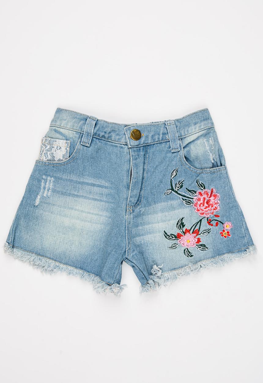 Pop Candy - Rose Embroidered Shorts Blue