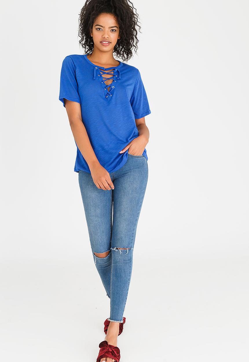 c(inch) - Lace-Up Choker Detail Tee Blue